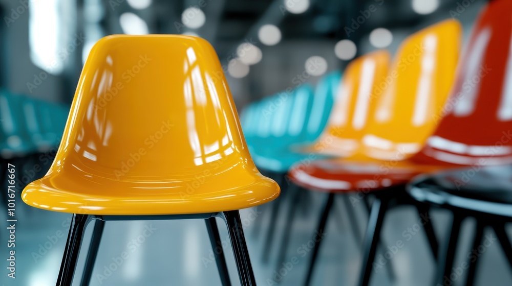 Poster a vibrant array of colorful chairs is juxtaposed against a softly blurred modern room setting, enhan