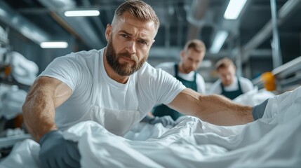 A bearded man with a determined expression inspects fabric closely, emphasizing precision, quality control, and dedication within a busy textile manufacturing space.