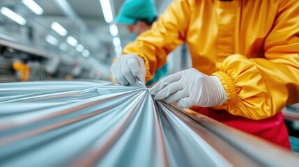 Obraz premium A factory worker in a yellow uniform and gloves carefully deals with metallic material, highlighting specialized skills and precision in modern production process.