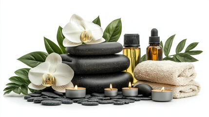 Spa accessory set on a white background. beauty wellness, massage therapy, zen, relax, candle bath.	