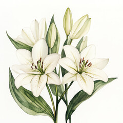 A beautiful bouquet of white lilies, showcasing delicate petals and lush green leaves, perfect for floral decoration and design.