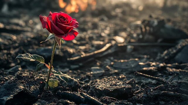 Emerging red rose flourishing from ashes in the warm glow of sunset