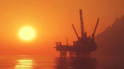 Obraz premium Offshore Oil Rig Silhouette at Sunset