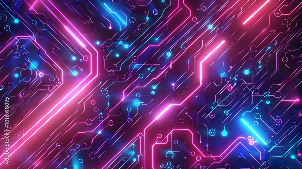 Poster glowing neon circuit board pattern with intricate design and copy space for futuristic concept