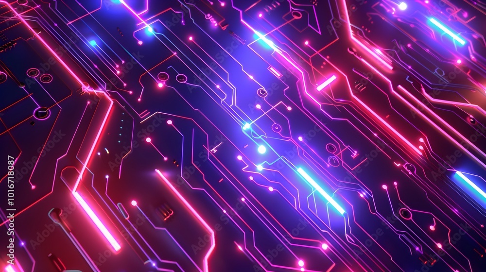 Poster glowing neon circuit board pattern with intricate lines and shapes in high tech design