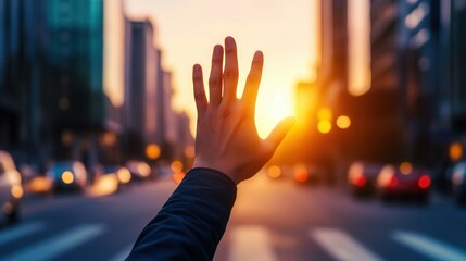 Stop Hand Gesture, a commanding hand raised in a stop signal, set against a bustling urban street scene filled with vibrant movement and energy.