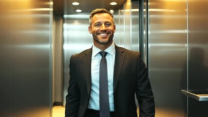 smiling businessman standing in a sleek, modern elevator, reflecting a positive and confident professional moment. Ideal for visuals depicting success, modern work environments, an