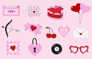 Set of romantic elements for Valentine's Day. Love vintage objects. Illustration in trendy retro style.