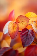 Vibrant autumn leaves in hues of orange, yellow, and red, adorned with dew drops, create a picturesque fall scene.