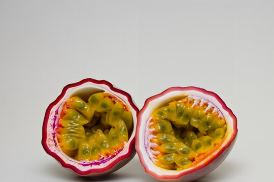 Passion fruit in gray on a. Healthy fresh sweet concept. Passion fruit in the form of halves on a gray. Passion fruit in the form of a heart shaped heart shaped heart with gray lifestyle and white.