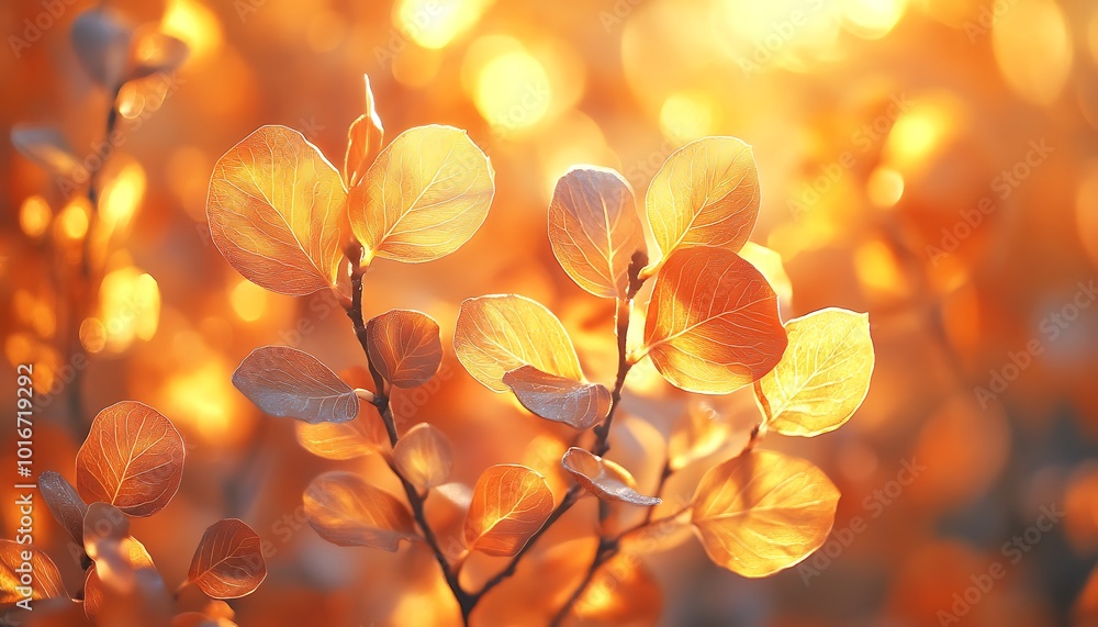 Aufkleber A close-up of golden leaves illuminated by sunlight, creating a warm and ethereal atmosphere with a soft focus.