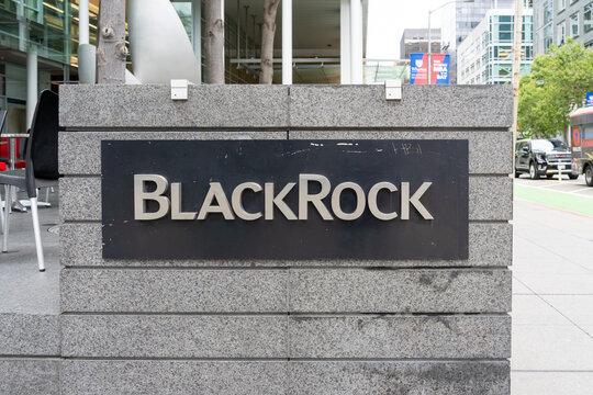 BlackRock sign at the office in San Francisco, California, USA - June 6, 2023. BlackRock, Inc. is an American multinational investment company. 