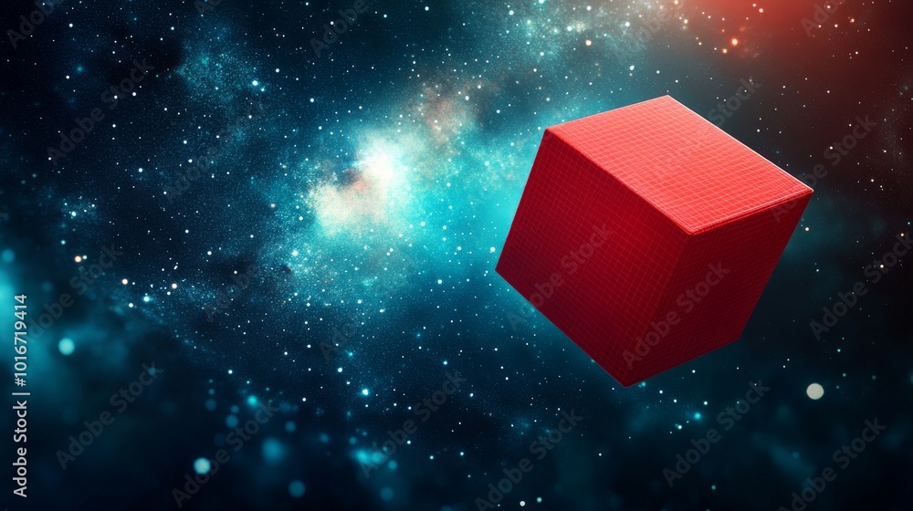 Poster red translucent cube floating inside a cubic tunnel in 3d.