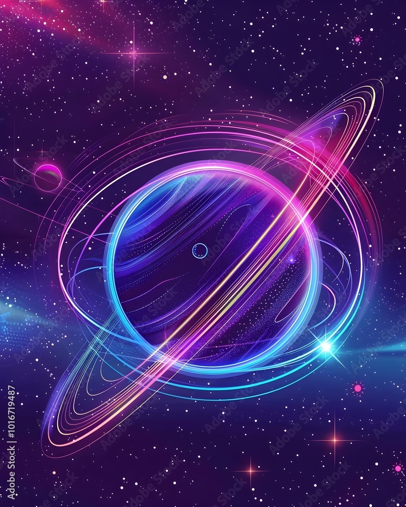 Poster neon of orbiting space station around glowing planet with cosmic rays and stars in background