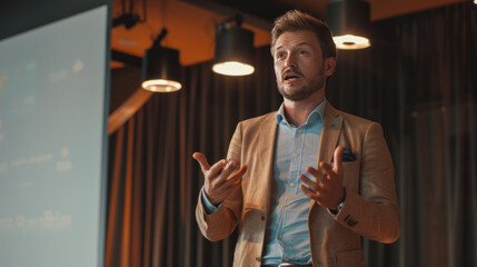 A successful lifestyle entrepreneur giving a keynote speech on balancing work and life while building a business that promotes personal freedom and creativity.