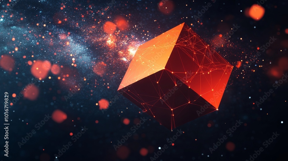 Poster a large red translucent cube floats inside a 3d render of a cubic tunnel.