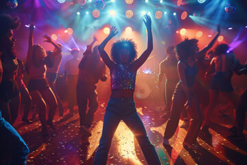 Crowd dancing under colorful lights at a lively party or concert