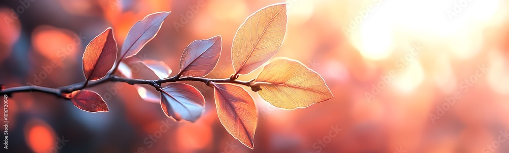 Aufkleber A close-up of a branch with colorful leaves illuminated by soft sunlight, creating a serene and warm autumn ambiance.