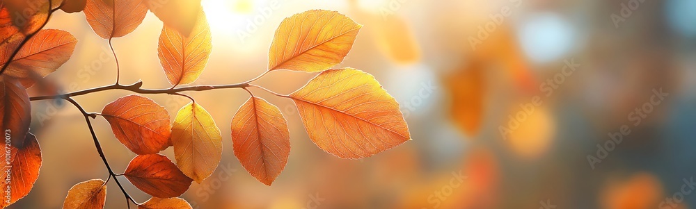 Poster A close-up of autumn leaves adorned with dew, illuminated by soft sunlight, creating a warm and tranquil atmosphere.