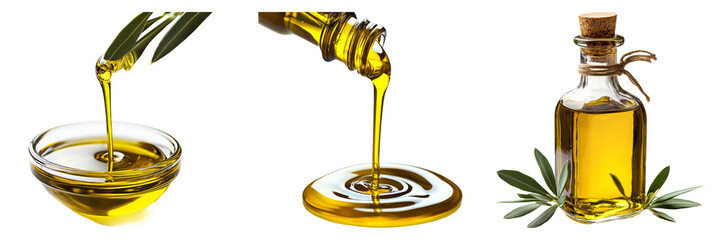 Olive oil pouring with olive branch and bottle isolated on transparent background food PNG for culinary illustrations or health product advertisements