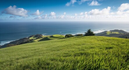 Obraz premium Lush hilltop with grassy field and panoramic ocean view