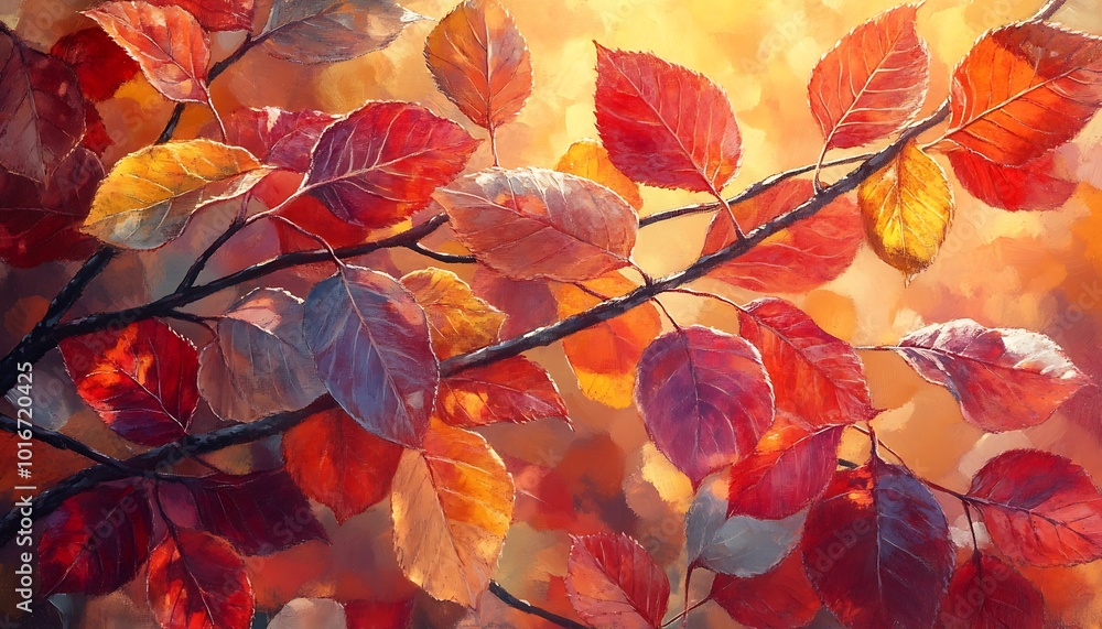 Poster a vibrant display of autumn leaves in shades of red and orange, illuminated by soft sunlight, creati