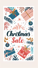 Obraz premium Christmas gifts stacked with Christmas sale sign in center, holiday background