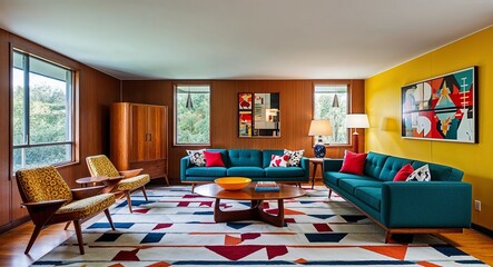 Mid century modern living room with iconic furniture and bold patterns