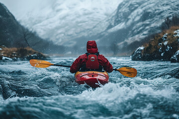 A man in a red life jacket is kayaking down a river with rocky banks down the mountain turbulent water rapid.