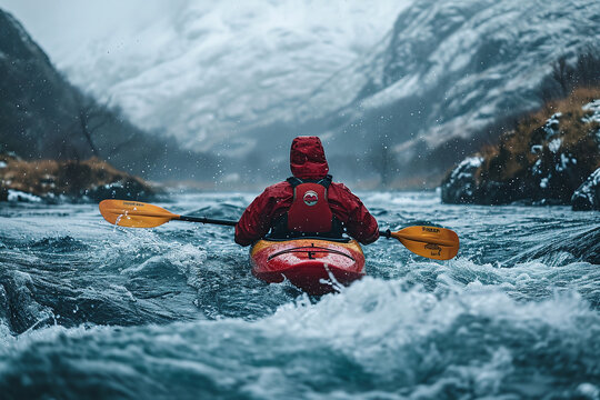 A man in a red life jacket is kayaking down a river with rocky banks down the mountain turbulent water rapid. - Powered by Adobe