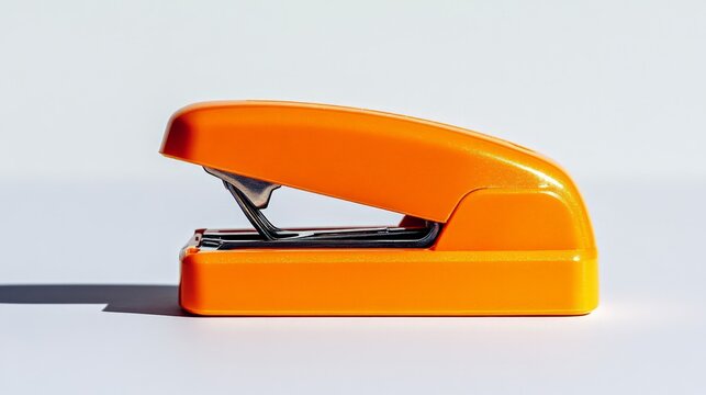 Bright orange stapler on a white background. Perfect for office, school supplies, and stationery themes in modern design.