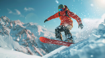 Active young snowboarder jumps from the kicker at ski resort. Winter sports active weekend concept, winter sport snow action outdoors adventure and adrenaline speed.