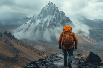 A lone hiker in an orange jacket ascends a rugged mountain trail, surrounded by mist and dramatic peaks.