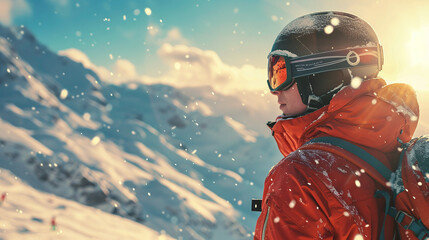 Portrait of an adult person in a ski helmet and glasses, with high snow mountains in the background. Winter adventure mountain sports