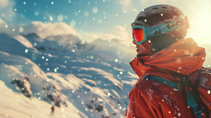 Portrait of an adult person in a ski helmet and glasses, with high snow mountains in the background. Winter adventure mountain sports