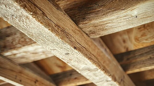close-up of a wooden roof truss being renovated, focusing on the blend of classic woodwork and contemporary restoration techniques. The natural wood colors and textures are showcas