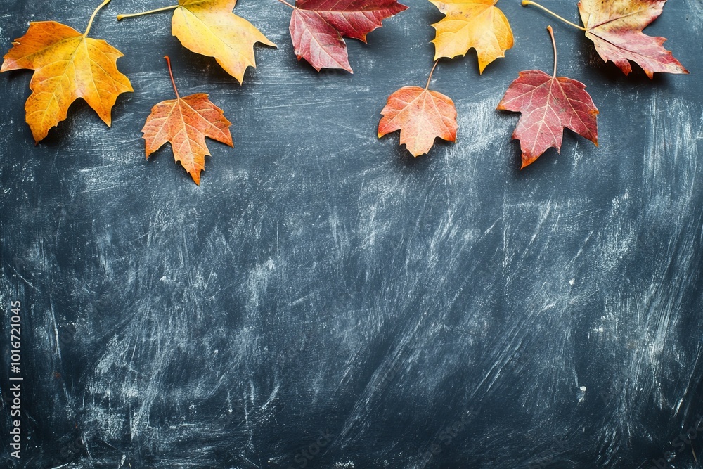 Poster fall leaves on an autumn background with a black chalkboard in the center with a space for your text