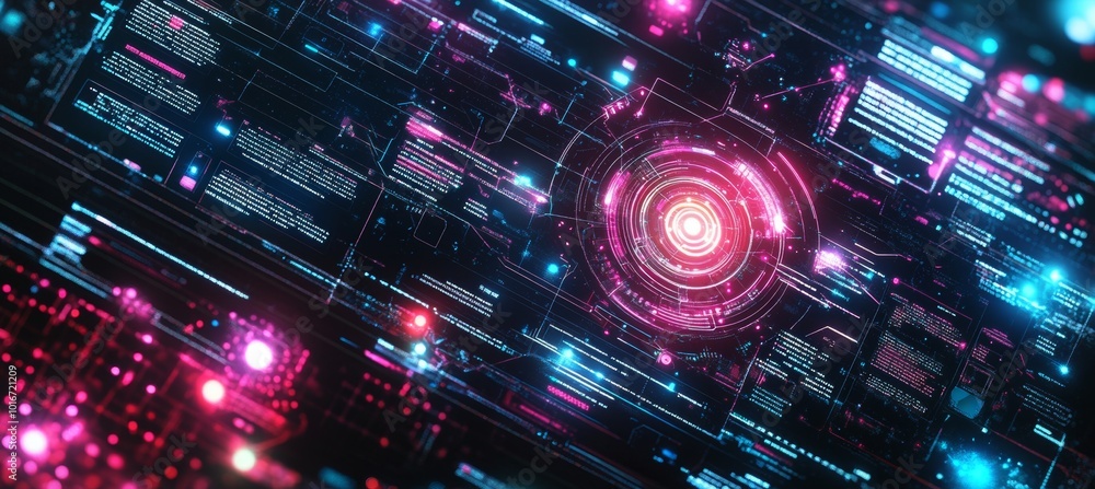 Poster inventive hud-style background. cyber space with holographic portal, frames, hud elements, gui eleme