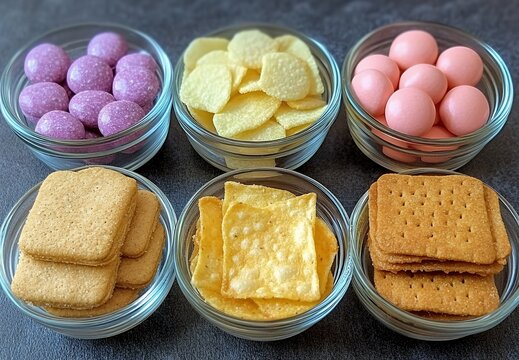 A selection of various snacks, including crackers, chips, and candy.