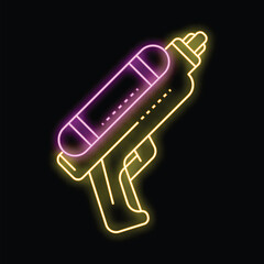 Neon sign illuminating a water gun toy, perfect for summer fun and entertainment concepts