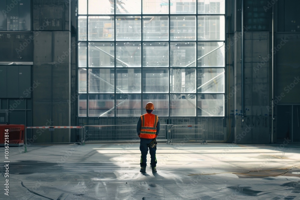 Poster worker standing in front of the construction building hardhat infrastructure architecture.