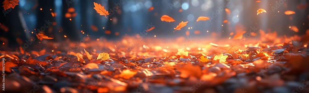 Poster a serene forest scene with orange leaves gently falling, illuminated by soft light, creating a magic