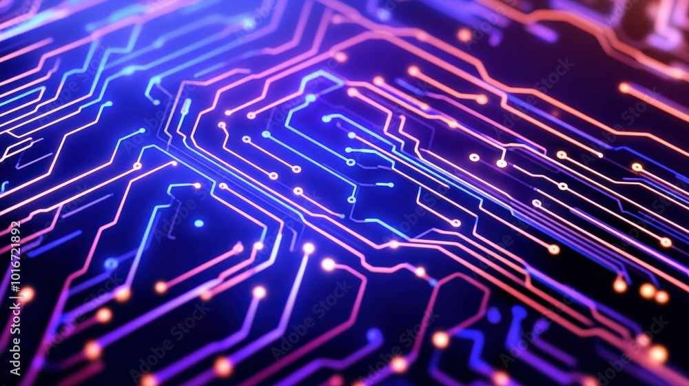 Poster a computer chip with a blue background and orange and red lines