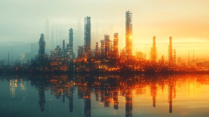 Naklejka premium Futuristic city skyline at sunrise with reflection in water.