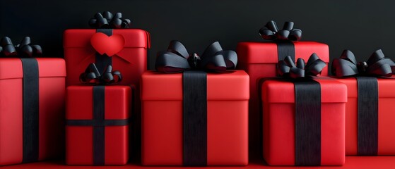 Beautifully Wrapped Red and Black Ribbon Christmas Gifts in 3D Stylish and modern gift boxes with premium ribbon for holiday and festive design