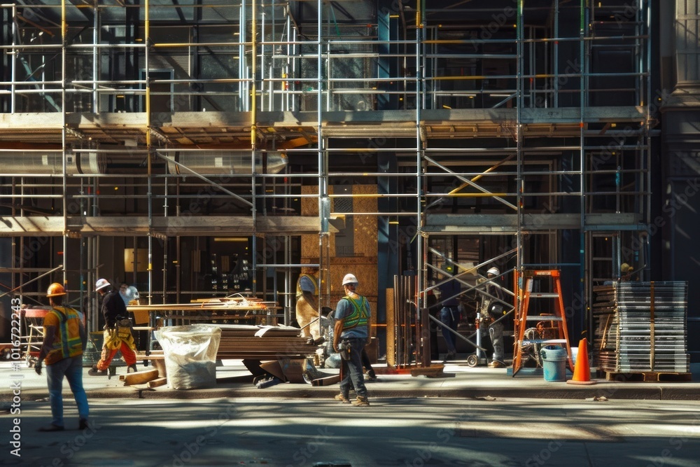 Poster people working in front of the construction building scaffolding architecture development.