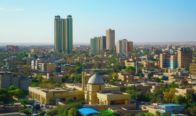 Fototapeta premium An aerial view of a city with a mosque in the foreground, tall buildings in the background, and a desert landscape in the distance.