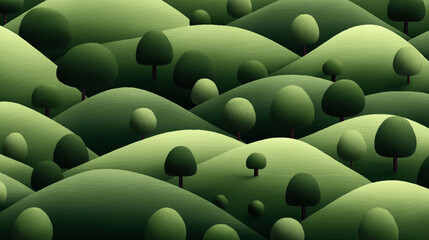 Digital illustration of a lush landscape with rolling green hills and sparse, stylized trees with round canopies scattered across the scene.