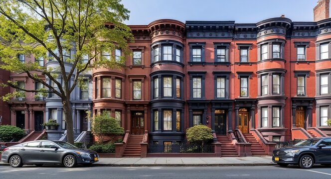 Quiet residential street with historic brownstone houses