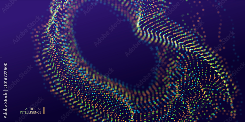 Poster technology abstract colorful ai round particles dots banner. cosmos big data neon background. artifi